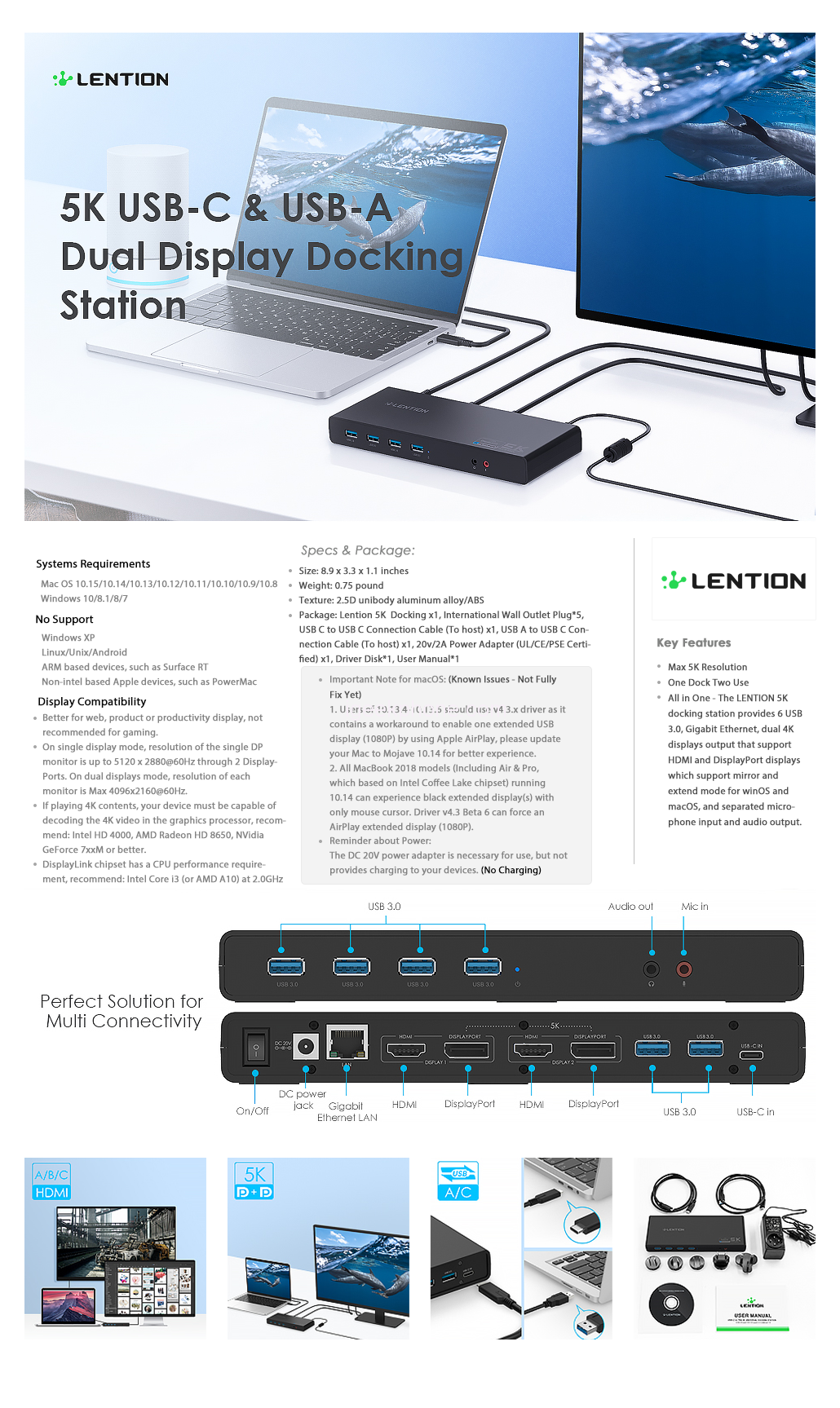 LENTION 5K USB C & USB A Dockningsstation med dubbla skärmar