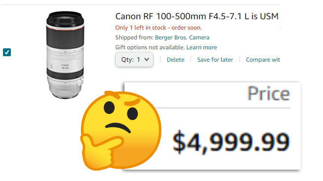 Amazon “fixar” överprissatta Canon RF-objektiv genom att överprisa det igen.  Dubbelt.