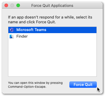 cierre completamente las aplicaciones para reiniciarlas en macOS mediante el método Forzar salida de aplicaciones para reparar archivos y carpetas de Microsoft Teams que no se muestran, cargan o descargan