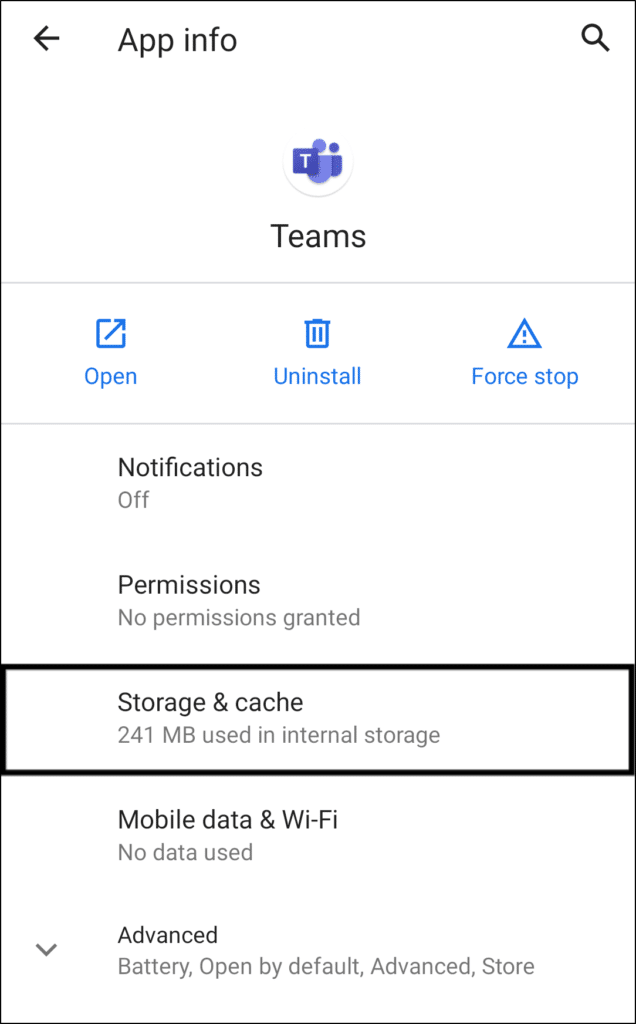 borre el caché y los datos de la aplicación Microsoft Teams en Android para reparar los archivos y carpetas de Microsoft Teams que no se muestran, cargan o descargan