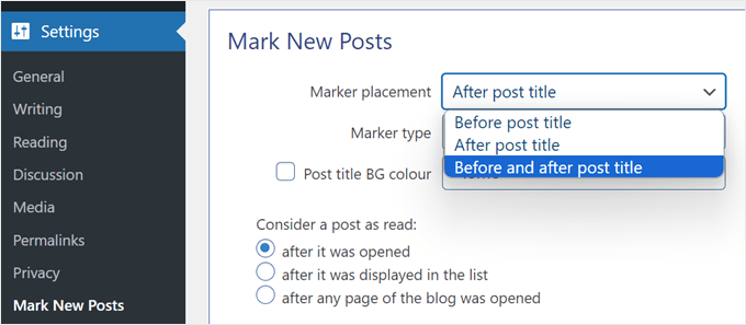 Seleccionar la ubicación del marcador de nuevas publicaciones en el complemento Marcar nuevas publicaciones