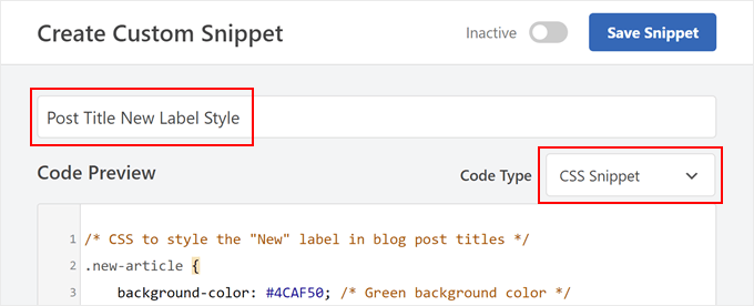 Crear un código CSS para personalizar la nueva etiqueta de publicación en WPCode