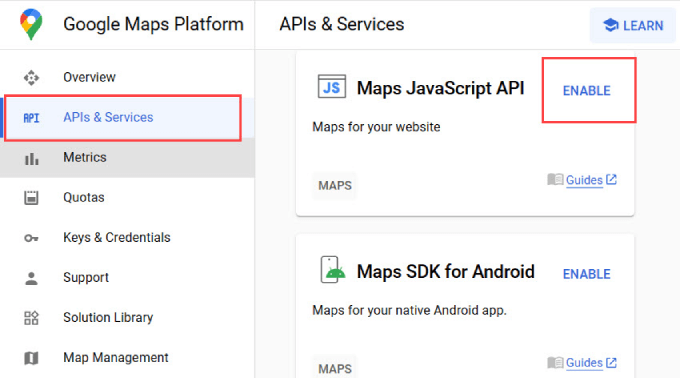 Habilite la API de JavaScript de Maps