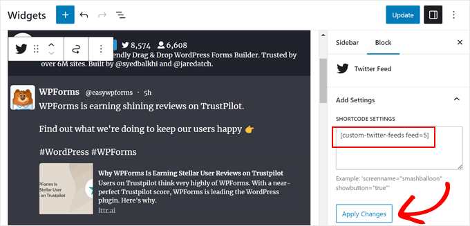 Insertar el código corto del feed de Twitter de Smash Balloon en el editor de widgets