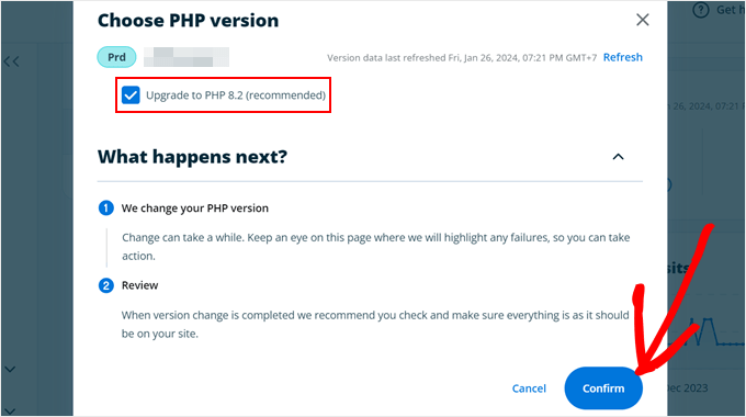 Confirme para actualizar su versión de PHP en WP Engine