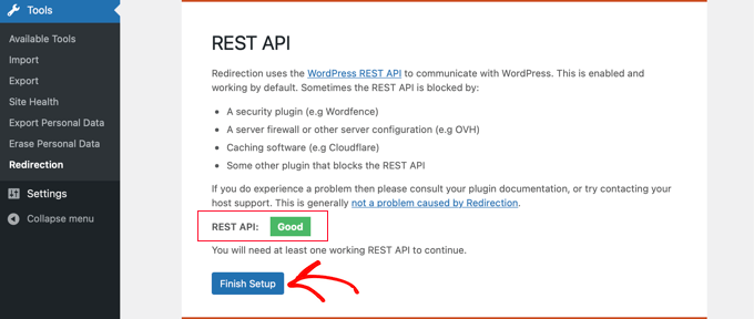 El complemento de redireccionamiento verifica que la API REST esté habilitada durante la instalación