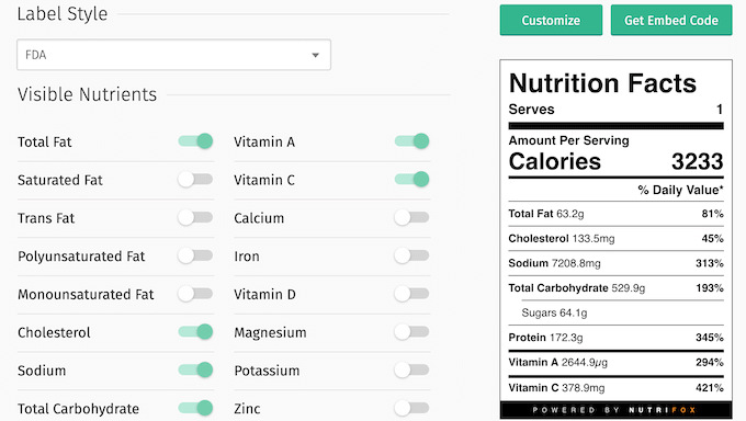 Un ejemplo de etiqueta nutricional, creada con Nutrifox