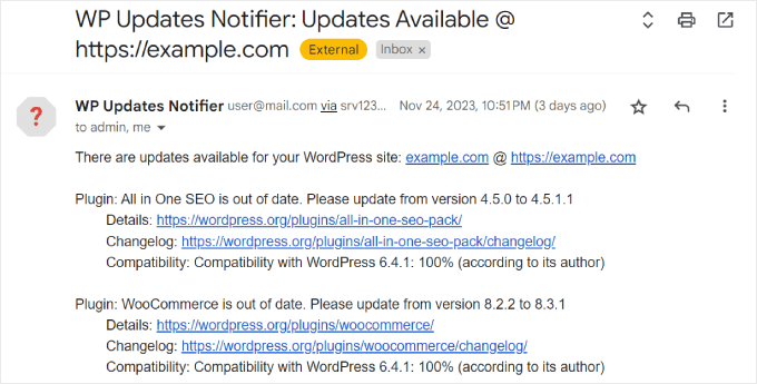 Ejemplo del correo electrónico enviado por WP Updates Notifier