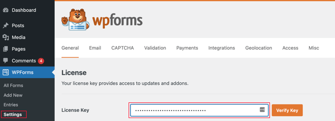 Ingresando su clave de licencia de WPForms