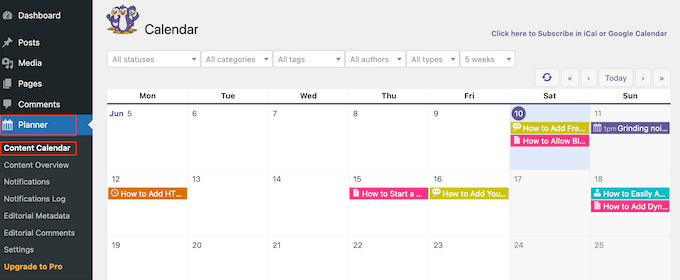 Un ejemplo de un calendario de contenidos de WordPress