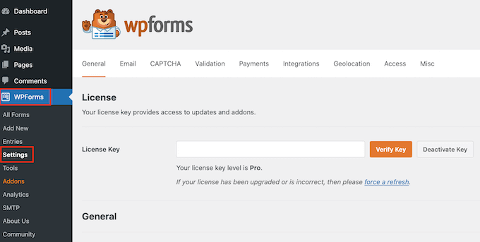 Ingresando su clave de licencia de WPForms