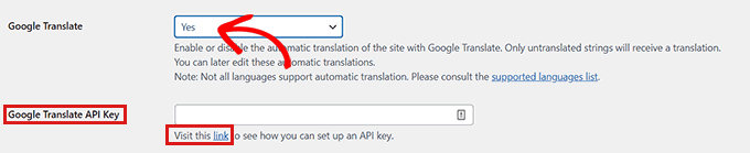 Proporcione la API de Google Translate si desea habilitarla