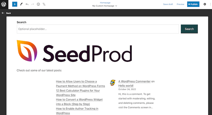 Una página de inicio personalizada de WordPress creada con FSE