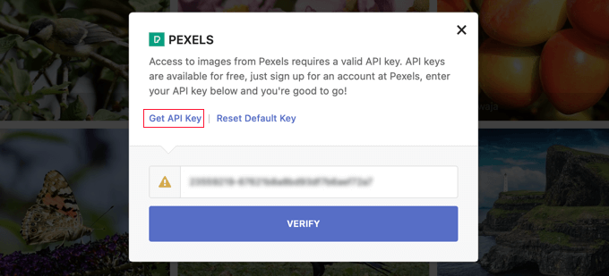 Para buscar imágenes en Pexels usando Instant Images, necesitará una clave API