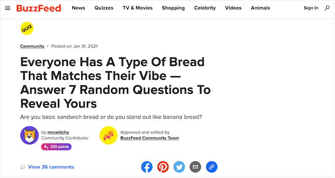 Un ejemplo de cuestionario de Buzzfeed