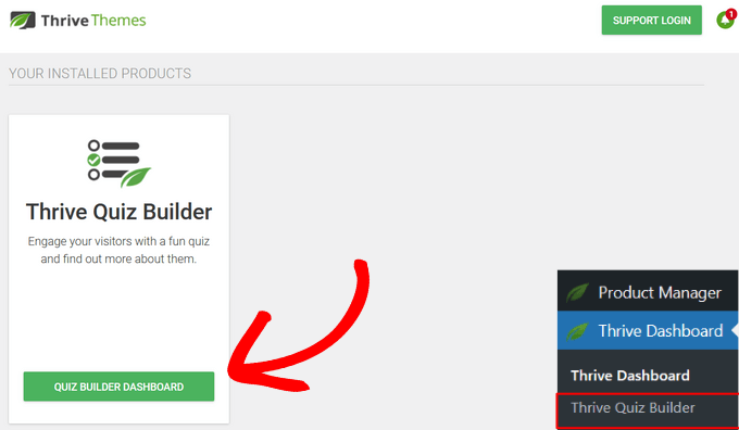 Haga clic en el botón del panel de control de Thrive Quiz Builder